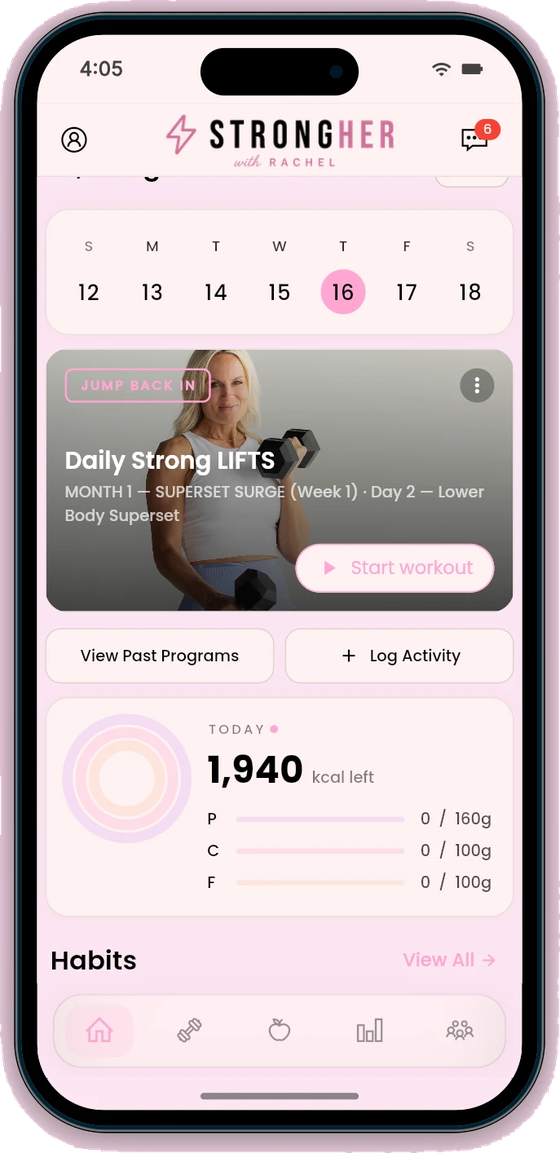 The StrongHER app — the home screen: your daily lift, your fuel, and your habits