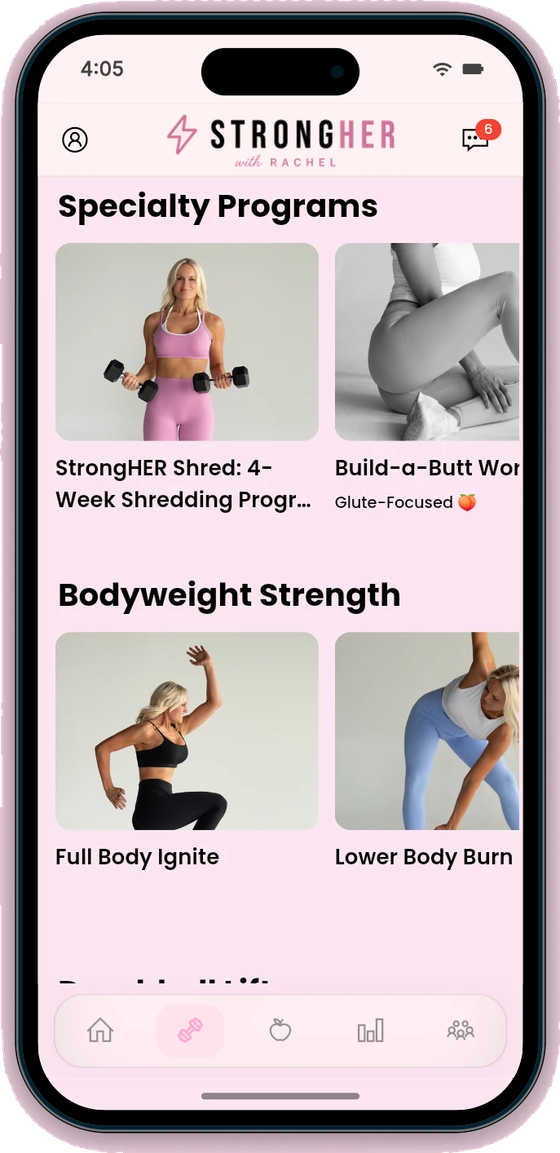 The StrongHER app — the workouts tab inside Rachel's app
