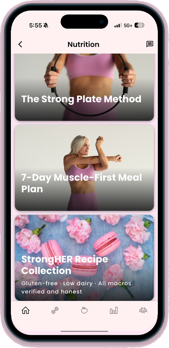 The StrongHER app — the nutrition tab: the Strong Plate Method, recipes, and the 7-Day Muscle-First Meal Plan